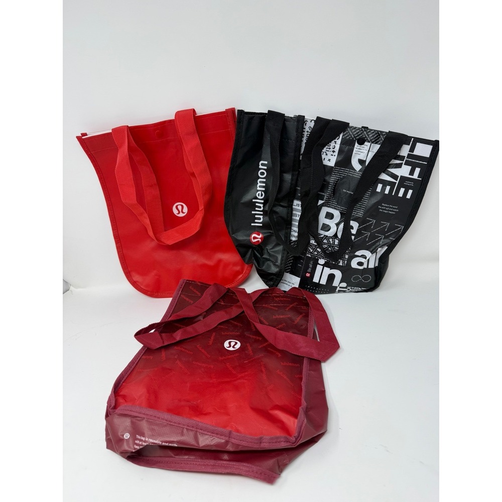 Lululemon Reusable‎ Shopping Tote Bag Bundle Set of 3 Red Burgundy Black White